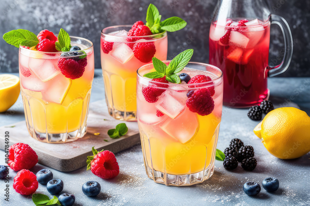 Spring or summer refreshing cold cocktail or mocktail with berries and lemon, raspberry lemonade Spring or summer refreshing cold cocktail or mocktail with berries and lemon, raspberry lemonade