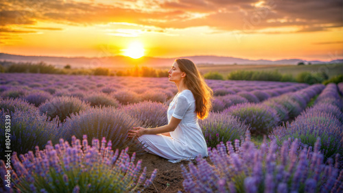 Woman in white dress meditates in lavender meadow, a haven for SPA and eco-cosmetic themes.