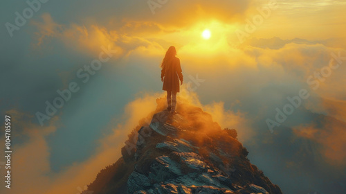 Silhouette of a person standing on a mountain peak at sunset