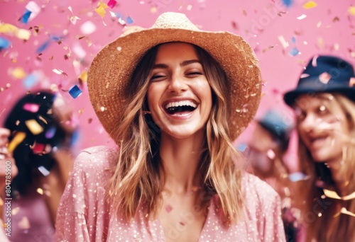 'isolated confetti background Photo standing hat straw 20s woman pink wearing pretty while laughing girl portrait fun studio beautiful looking brunette gorgeous positive pleas' photo