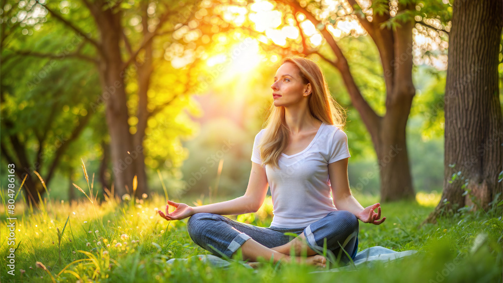 Girl in lotus pose meditates in a sunlit forest, embracing the healing power of nature. Healing meditation in the forest. Girl in lotus pose meditating in sunny forest among lush green vegetation. Girl in lotus pose meditates in a sunlit forest, embracing the healing power of nature. Healing meditation in the forest. Girl in lotus pose meditating in sunny forest among lush green vegetation.