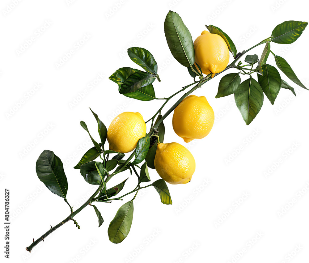  Lemon branch with leaves and lemons on a white background