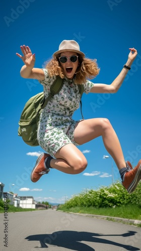 A happy jumping lady wearing sunglasses