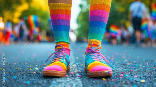 Colorful socks or shoes peeking out from under pants or on their own add a pop of fun to any outfit