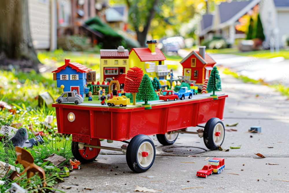 Colorful toy houses and figures in a wagon on a suburban street