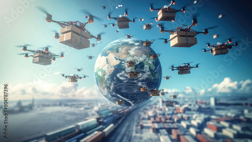 Drones delivering packages worldwide against a backdrop of a glo photo