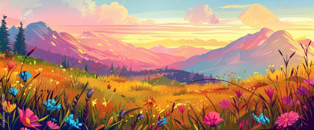 A tranquil alpine meadow at sunset, colorful wildflowers, warm colors, DSLR camera with a standard lens, golden hour lighting, serene landscape., cartoon style, background A tranquil alpine meadow at sunset, colorful wildflowers, warm colors, DSLR camera with a standard lens, golden hour lighting, serene landscape., cartoon style, background