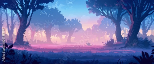 A tranquil forest glade at dusk, mist rising from trees, tranquil ambiance, DSLR camera with a prime lens, twilight hues, peaceful scene., cartoon style, background,comic panel background  photo