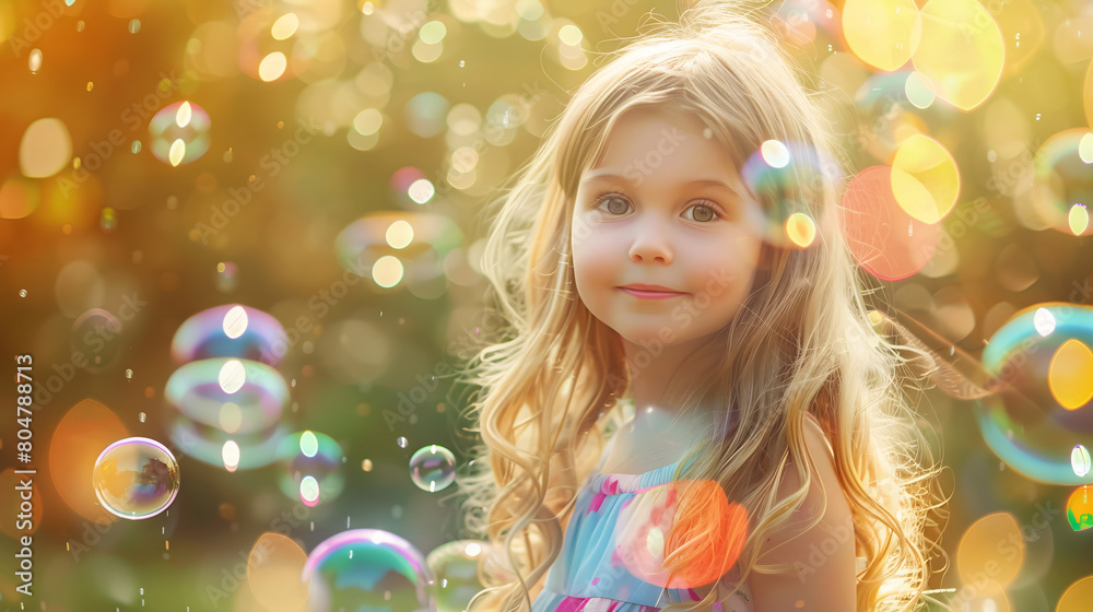 little girl playing with soap bubbles in the garden little girl playing with soap bubbles in the garden