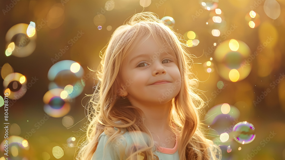 little girl playing with soap bubbles in the garden