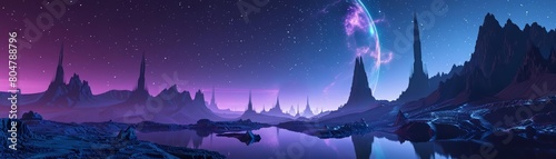 A 3D render of a futuristic fantasy landscape features towering neonlit spires surrounded by a shimmering lake under a starry night sky, Sharpen Landscape background photo