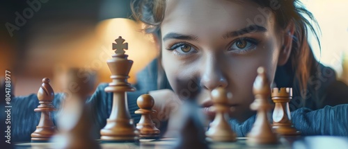 A young woman stares at a chessboard, contemplating her next move. Will she make the right choice?