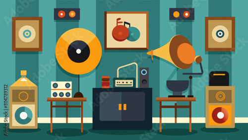 A section dedicated to early recording devices where visitors can hear recordings from the first phonographs and gramophones. Vector illustration