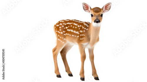 A cute baby deer stands in a field of flowers