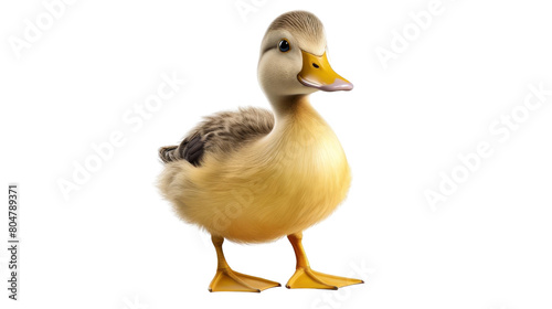 A cute yellow duckling standing on a white background.