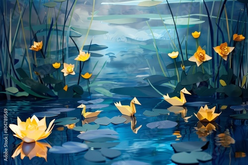 A silent pond at dawn, with paper ducks gliding over the mirrorlike blue paper surface amidst paper lilies, paper art style concept photo