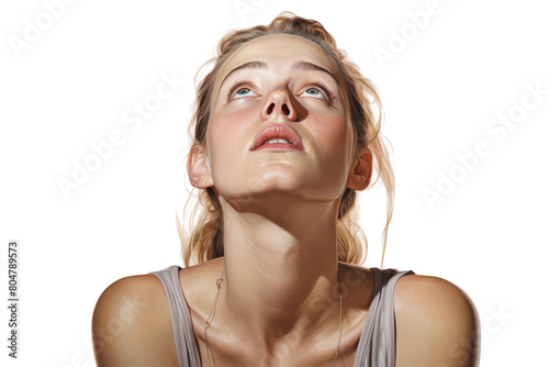 Close-up portrait of a beautiful young blonde woman looking up at the sky with her eyes closed and a serene expression on her face.