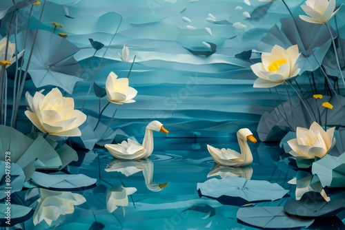 A silent pond at dawn, with paper ducks gliding over the mirrorlike blue paper surface amidst paper lilies, paper art style concept photo