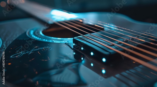 A smart guitar tuner adjusts string tension automatically, ensuring perfect pitch for every performance, hitech cyber look sharpen close up with copy space photo