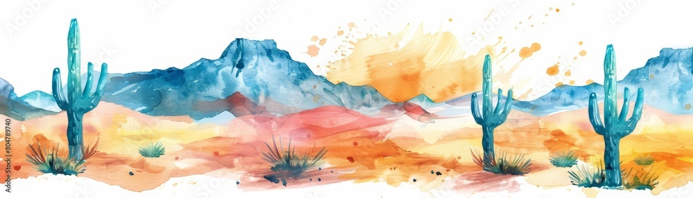 A watercolor painting of a friendly, smiling cactus in a desert at sunset, Clipart isolated on white background