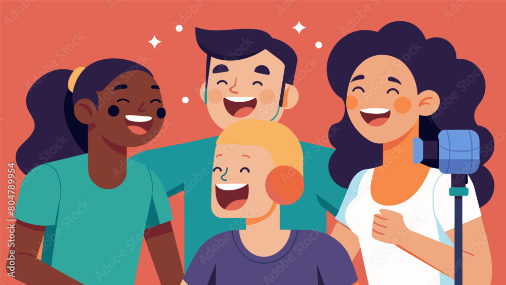 Obraz premium A group of friends laughing and having fun while recording a fitness podcast on the importance of finding joy and enjoyment in physical activity.. Vector illustration