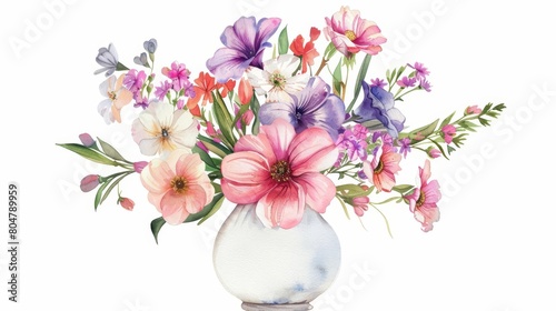 A watercolor painting of a simple, be nice vase holding a bouquet of fresh spring flowers, Clipart isolated on white background