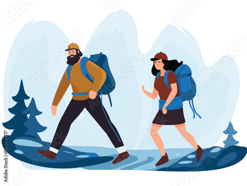 Two hikers trekking mountains, man woman exploring nature. Male hiker wearing yellow backpack, cap walking trail, female traveler hiking tshirt, shorts. Adventure, outdoor activity, mountain, trees