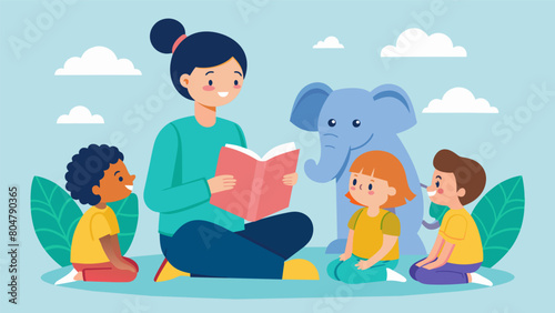 A teacher reading a story about a mindful elephant to her students discussing how to approach situations with a calm and thoughtful mindset like the.