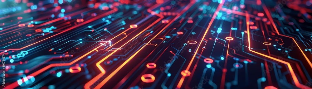 A glowing blue and orange circuit board with glowing blue and orange lights. A glowing blue and orange circuit board with glowing blue and orange lights.