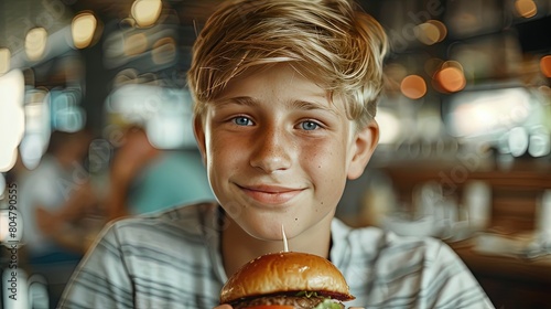portrait of a handsome European boy 10-12 years old holding a large appetizing cheeseburger while in a fast food restaurant