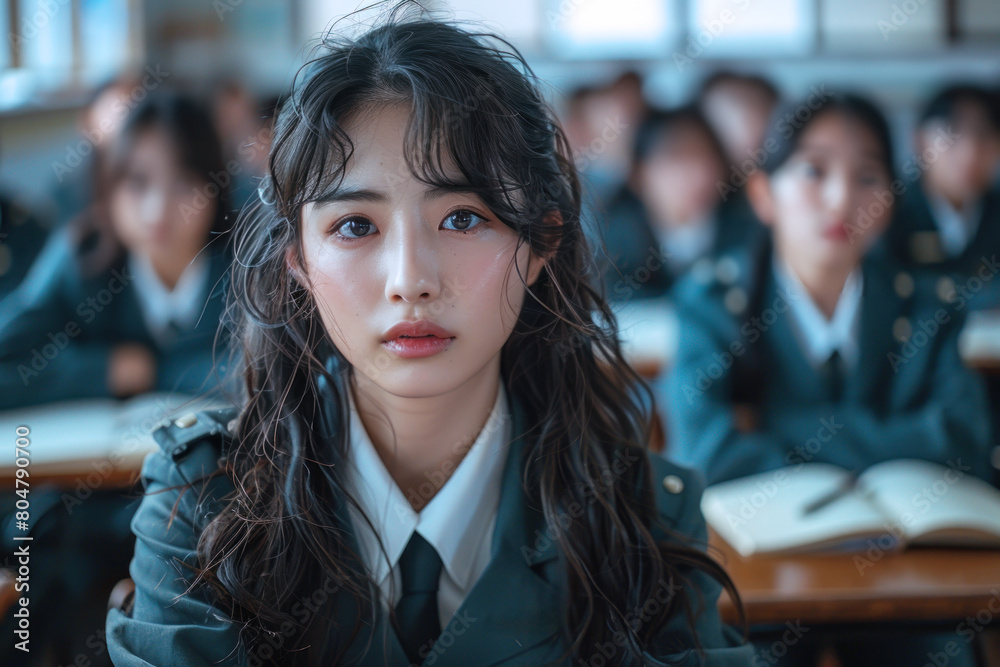 Korean high school students study in classroom, teenagers education
