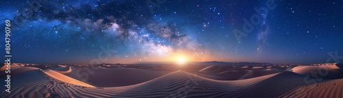 Night landscape of the Milky Way galaxy stretching above a quiet desert
