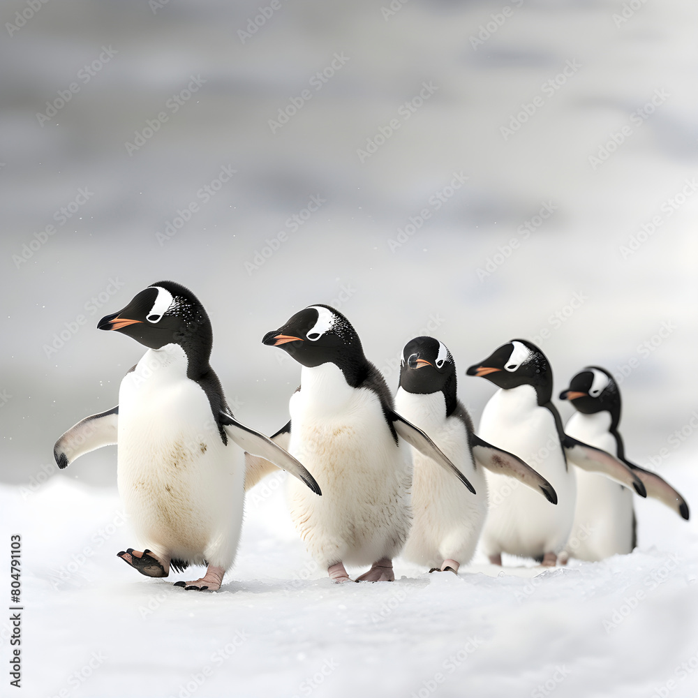 Obraz premium A group of gentoo penguins waddle on a snowy landscape, showcasing wildlife in its natural setting