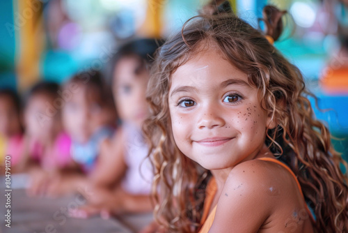 Kindergarten Latin kid study in classroom, group of students back to school