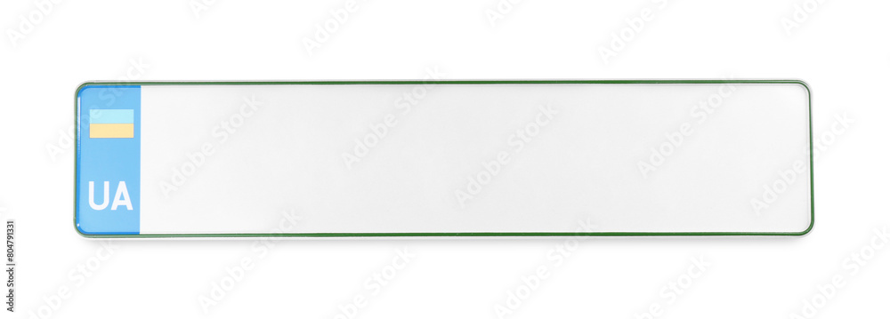 One vehicle registration plate isolated on white, top view One vehicle registration plate isolated on white, top view