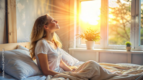  Joyful girl greets the new day with a smile, awaiting her morning coffee in bed. A happy girl bathes in the warm rays of the morning sunshine. Beautiful morning mood.