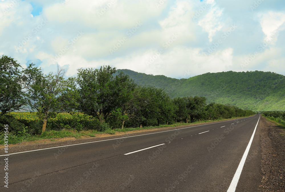 Empty asphalt road in mountains. Picturesque landscape