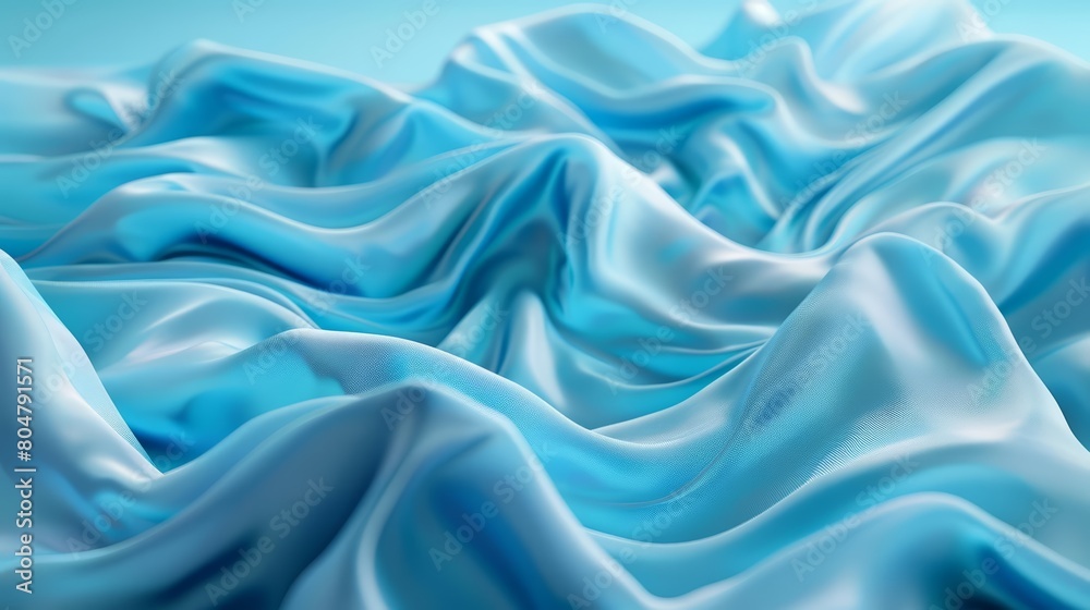 Obraz premium The Background of floating blue fabric evokes a sense of calm and fluidity, as soft waves of fabric gently ripple in an unseen breeze, Sharpen 3d rendering background