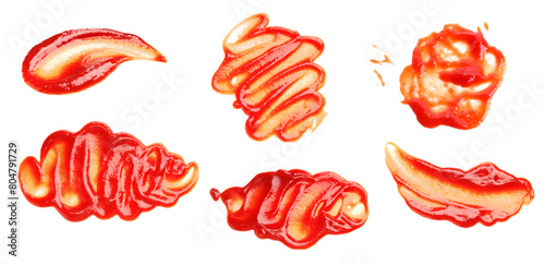 Set of tasty ketchup on white background, top view. Tomato sauce