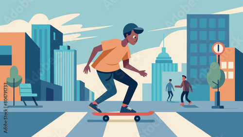 A skateboarder calmly coasting through a busy city street effortlessly weaving in and out of pedestrians and traffic.. Vector illustration photo