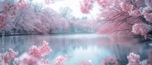 The delicate pink blossoms of cherry trees in full bloom frame a peaceful lake in Washington DC photo