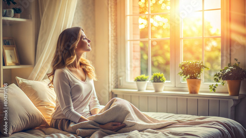  Joyful girl greets the new day with a smile, awaiting her morning coffee in bed. A happy girl bathes in the warm rays of the morning sunshine. Beautiful morning mood.