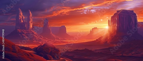 The fiery glow of sunset casts its warm hues across the sandstone spires of Monument Valley