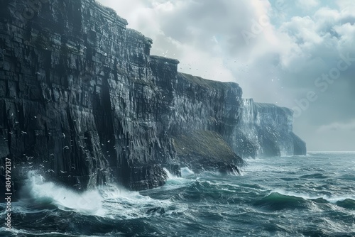 The rugged cliffs of the Irish coastline near Moher stand stark against the Atlantic