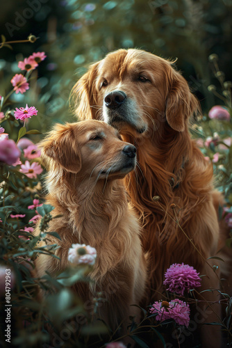 animal love  cat and dogs  flower background