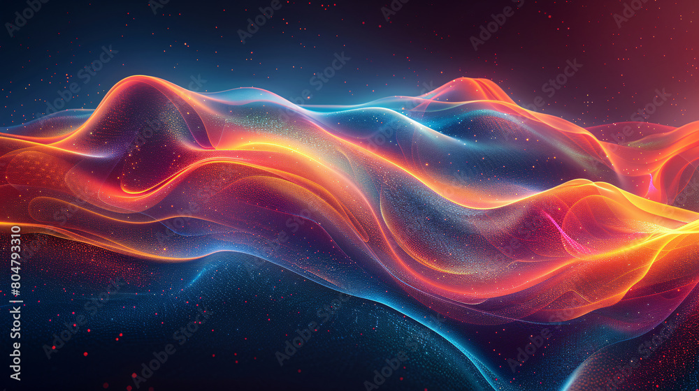 Obraz premium Abstract wavy flowing curve design made of blue, purple, pink, and other colored gradient dots on a black background.