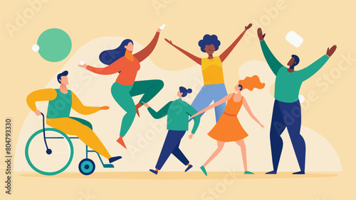 A dance performance featuring individuals with cerebral palsy celebrating their physical abilities and showing how art can transcend physical. Vector illustration