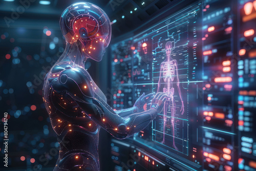 A robot doctor is performing analysis on a future medical machine