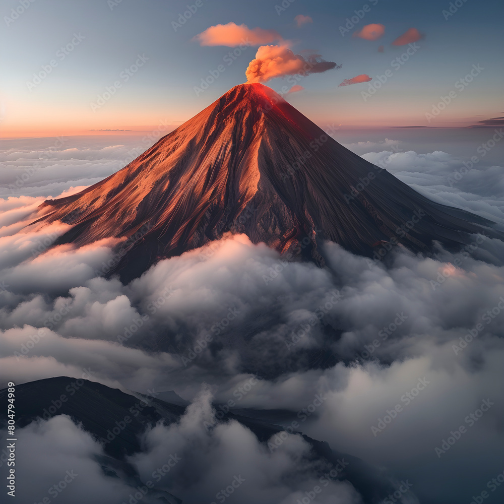 Surreal view of an active volcano erupting amidst clouds during a vibrant sunset