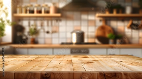 Wood table top on blurred kitchen background. can be used mock up for montage products display or design layout